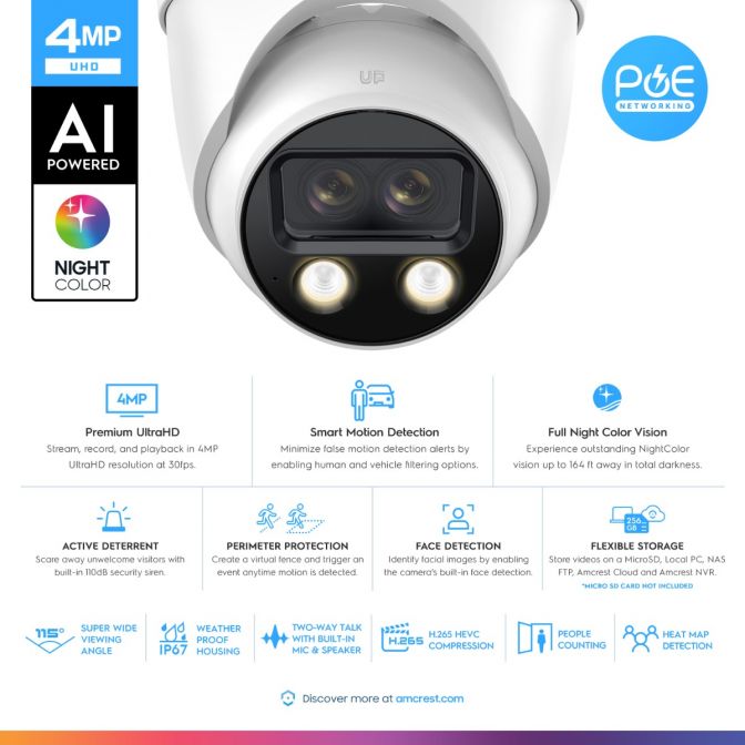 4MP AI-enabled security camera with night vision and smart detection.