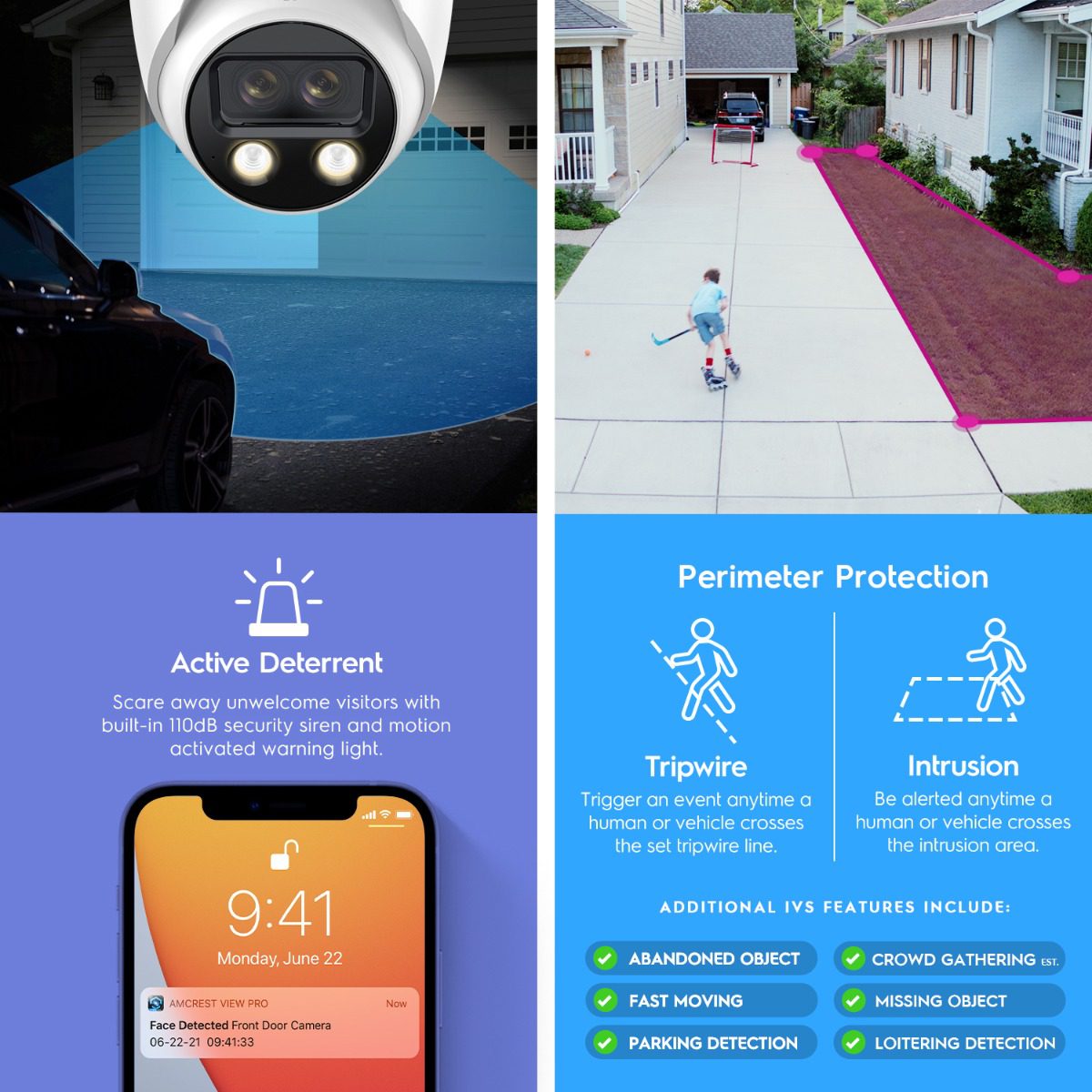 Security camera monitoring a pool area with active detection alerts on a smartphone.