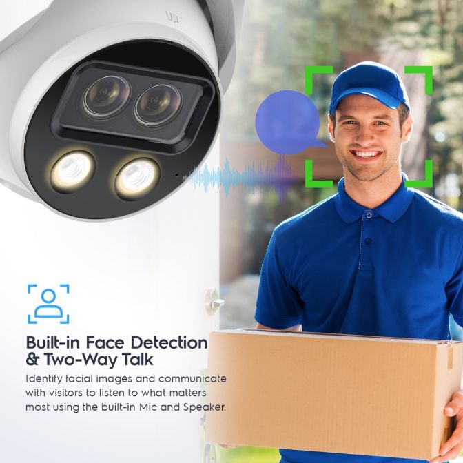 Security camera with built-in face detection and two-way talk feature.