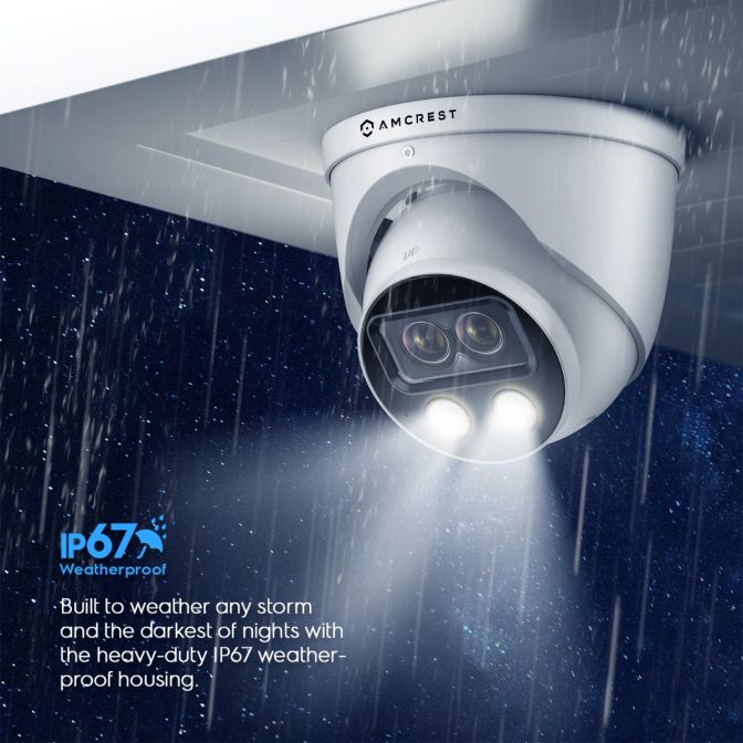 White security camera with LED lights in the rain, highlighting its waterproof feature.