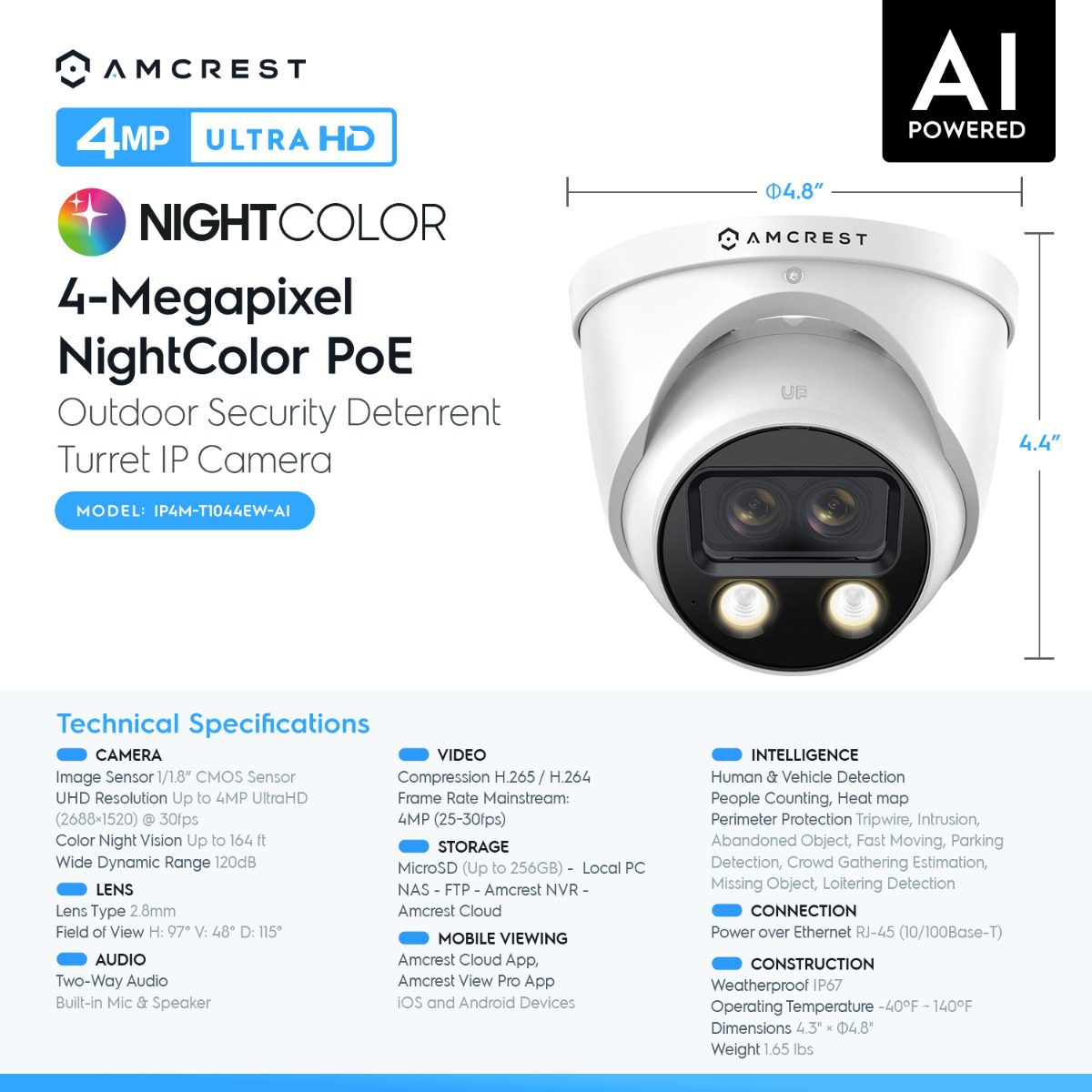 4MP Night Color PoE security camera with AI and dual security detectors.