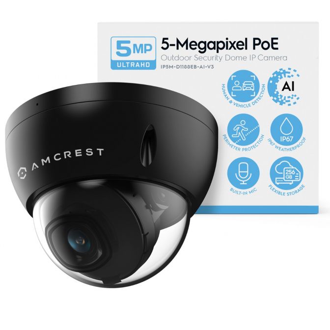 5MP PoE security camera with AI features and weatherproof design.