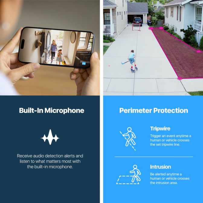 Smart security camera with built-in microphone and perimeter protection features.