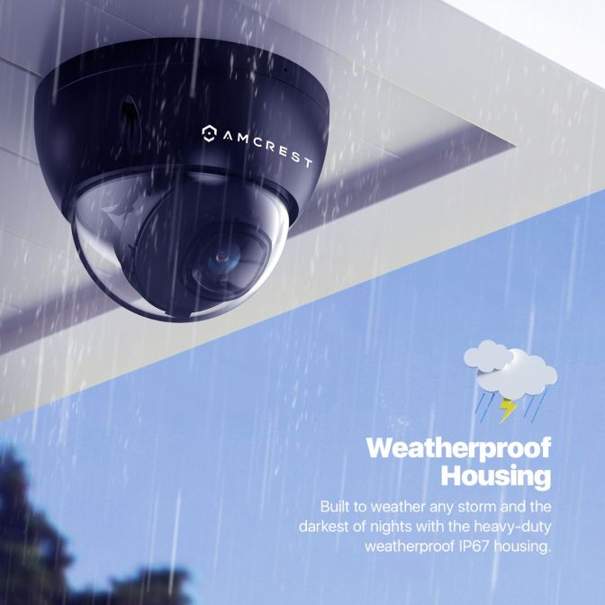Weatherproof security camera dome housing under rain.
