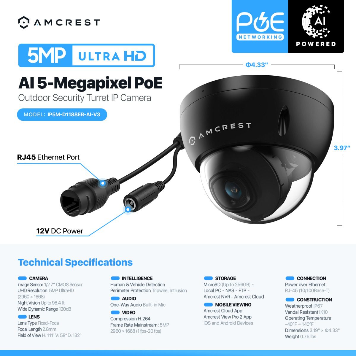 Amcrest 5MP Ultra HD AI PoE outdoor security camera with night vision and two-way audio.