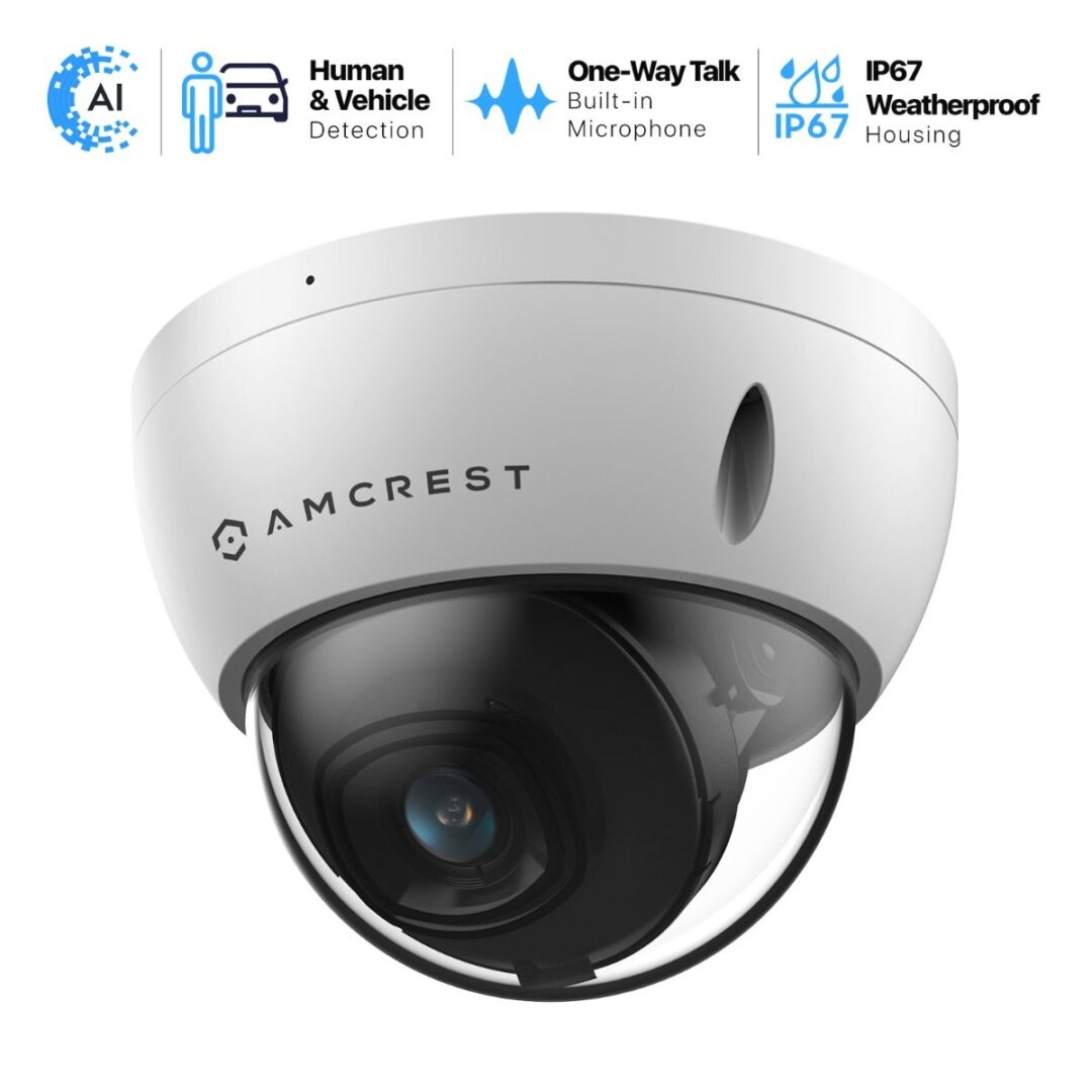 Amcrest dome security camera with high-resolution and waterproof features.