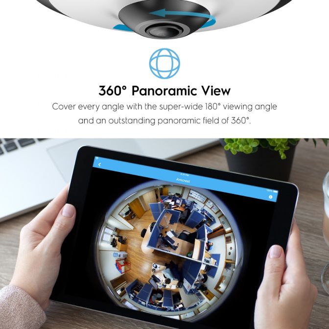 360° panoramic view displayed on a tablet from a security camera.