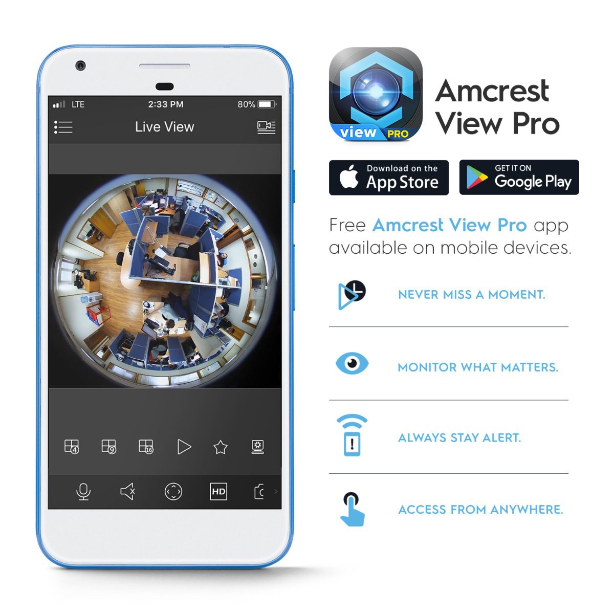 Smartphone displaying Amcrest View Pro app with live security camera footage.
