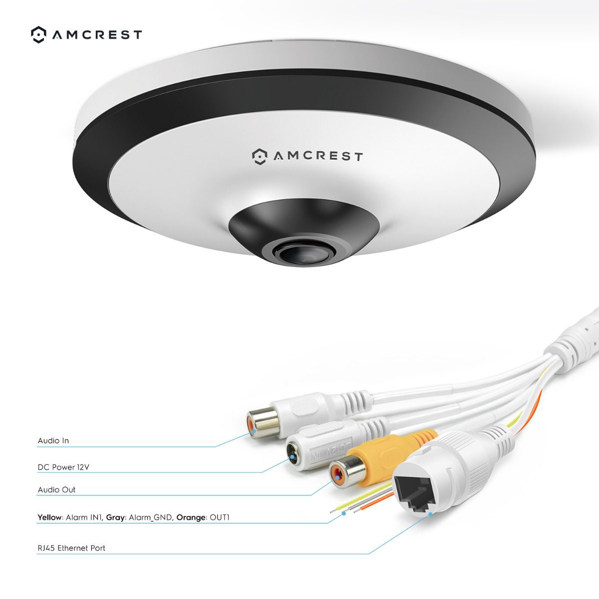 Amcrest dome security camera with cables for video and power.