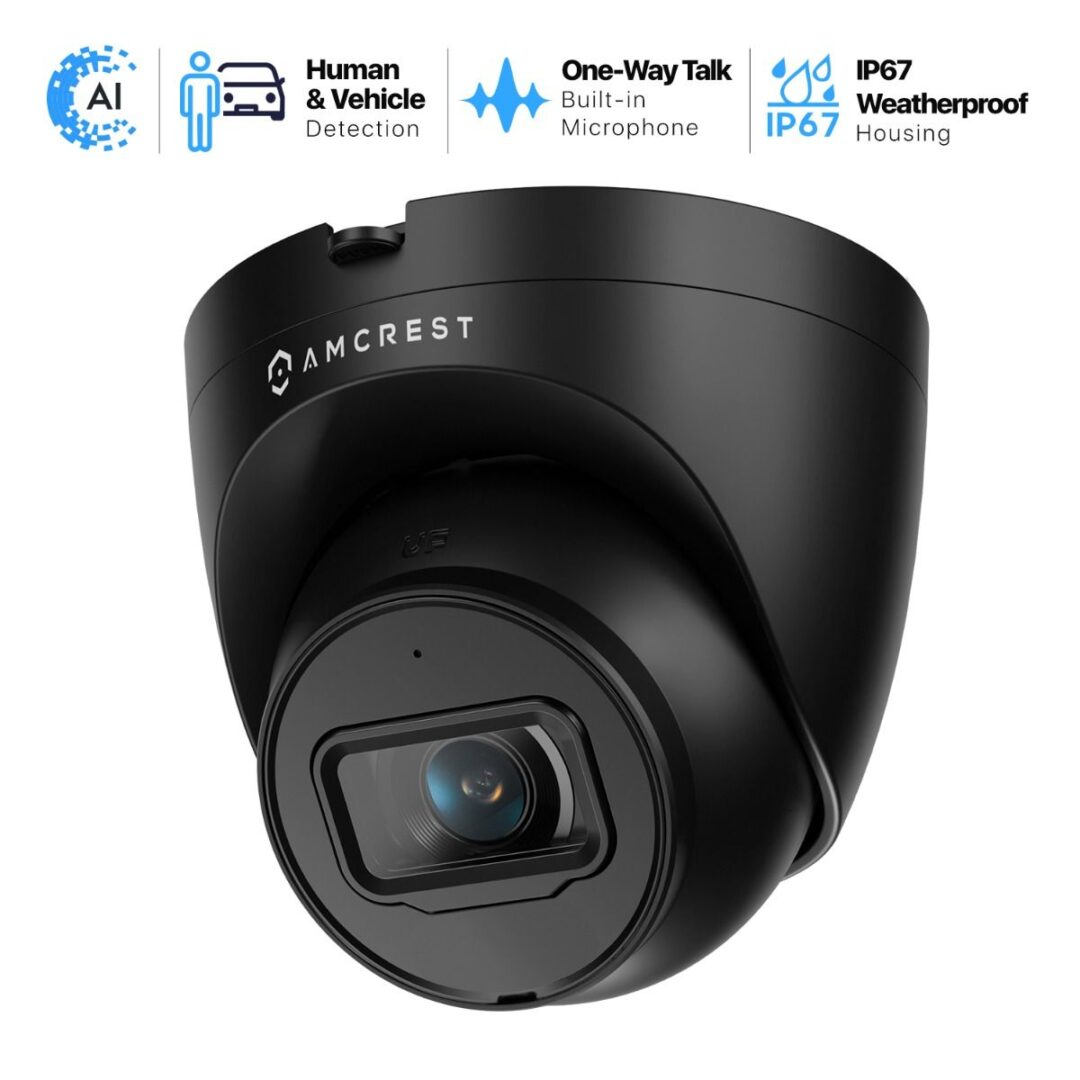 Black security camera with night vision and IP67 waterproof rating.