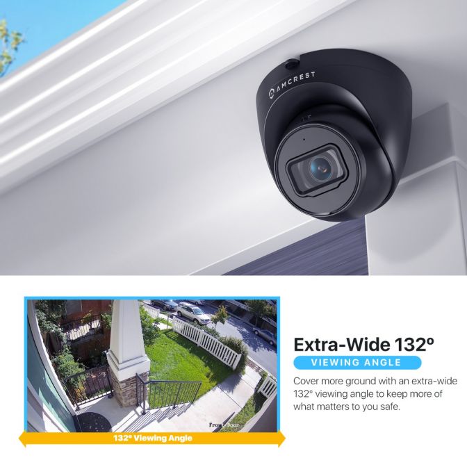 Security camera with extra-wide 132° lens monitoring a house.