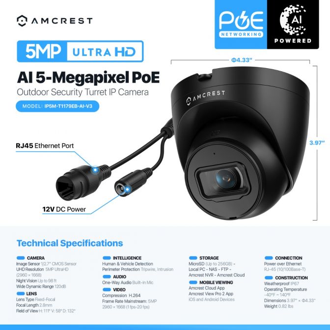 AI 5MP Ultra HD PoE dome security camera with night vision and smart analytics.