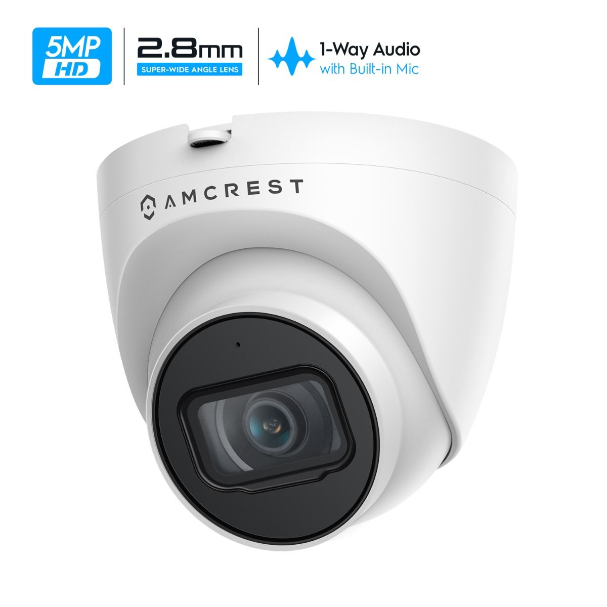 White Amcrest security camera with 2.8mm lens and audio support.