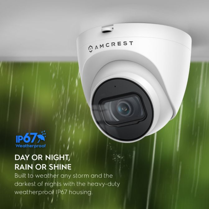 AMCREST security camera with night vision, weatherproof design.