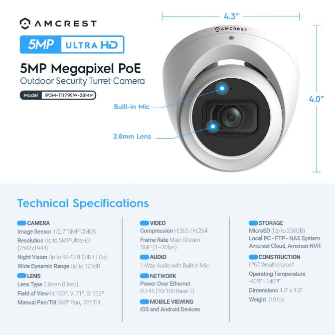 5MP dome security camera with PoE and 4K video support.