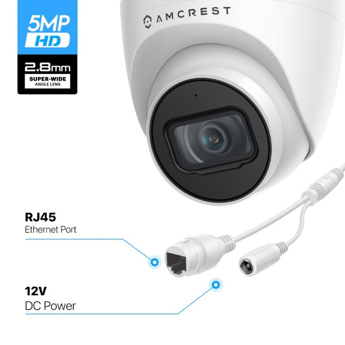 AMCREST 5MP HD security camera with RJ45 and 12V power connectors.