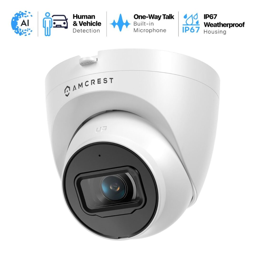 White dome security camera with 5MP resolution and waterproof design.