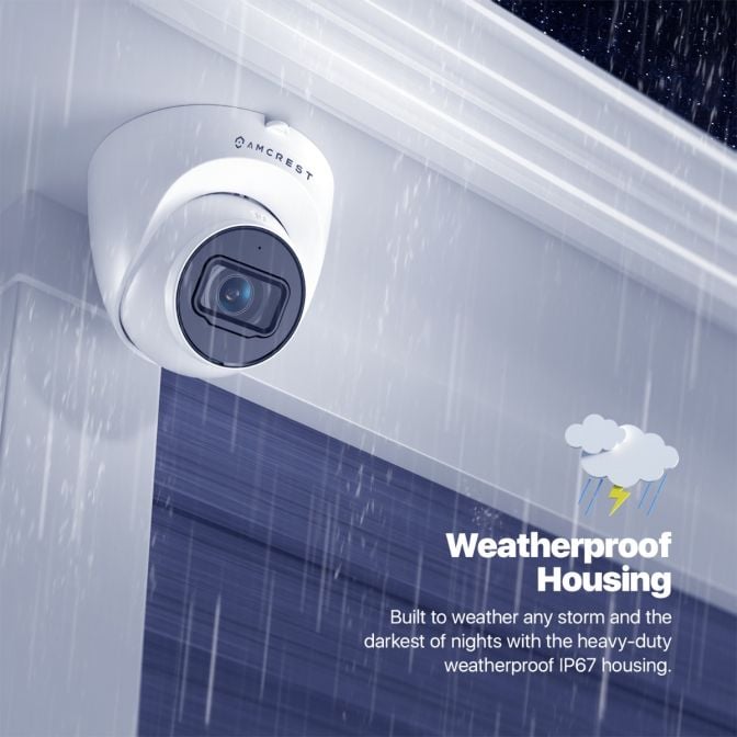 White security camera with weatherproof housing mounted outside at night.