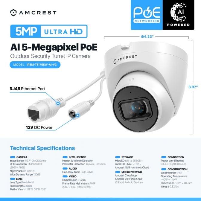 AI 5MP Ultra HD PoE security camera with smart detection and IP66 rating.