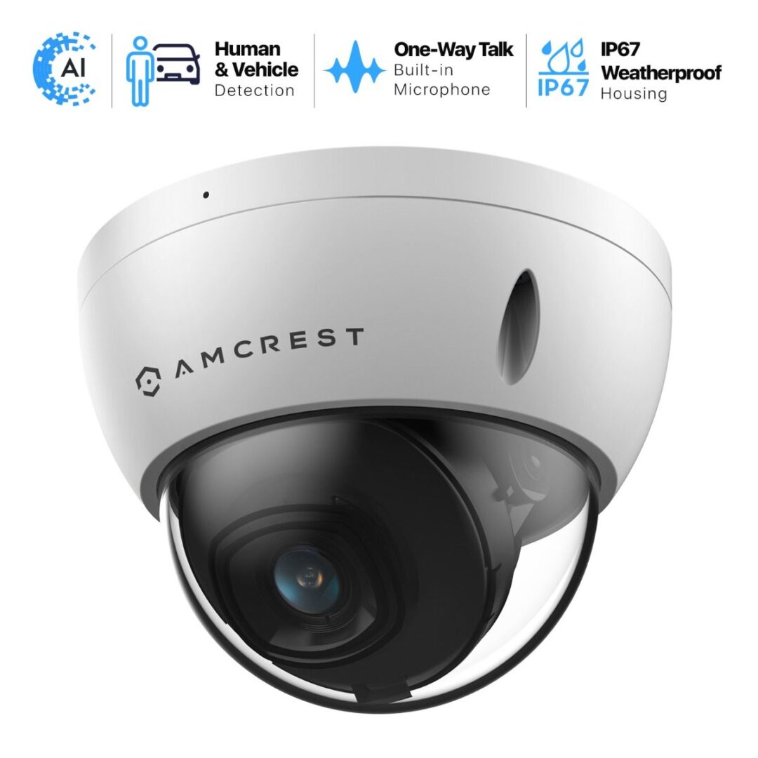 Dome-style security camera with 5MP resolution and waterproof design.