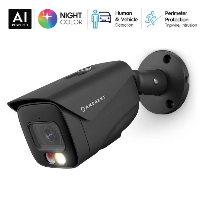 Black AI-powered security camera with night color and human activity detection.