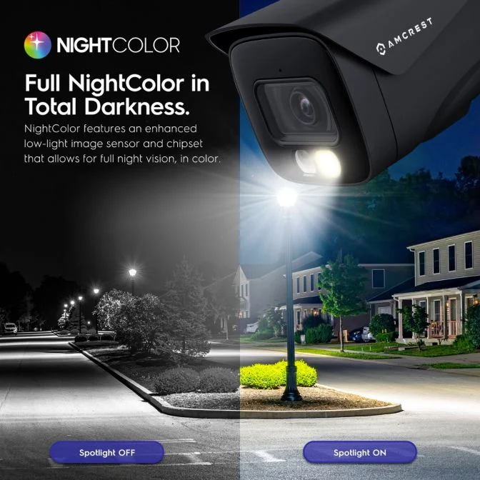 NightColor camera shows full-color night vision compared to regular black-and-white night mode.