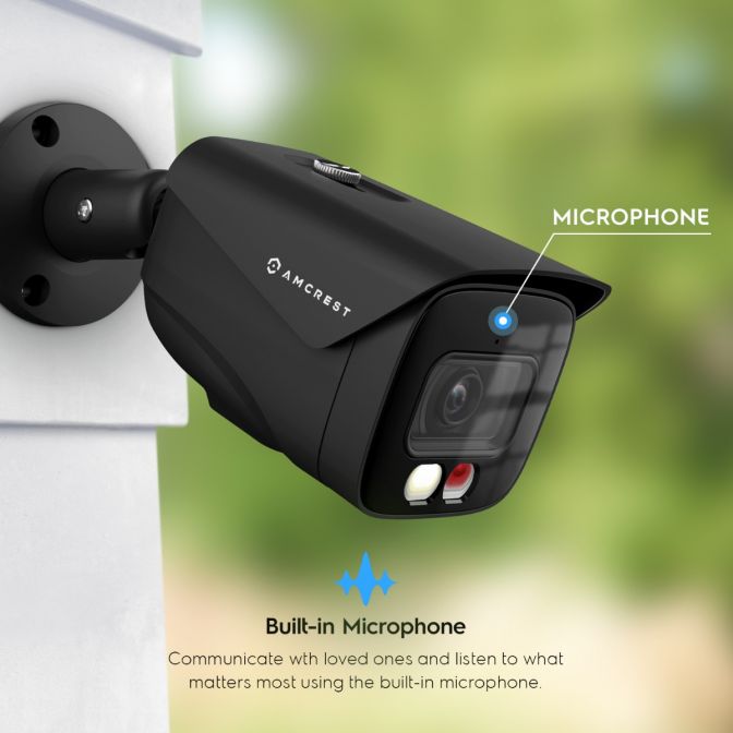 Black outdoor security camera with built-in microphone and night vision.