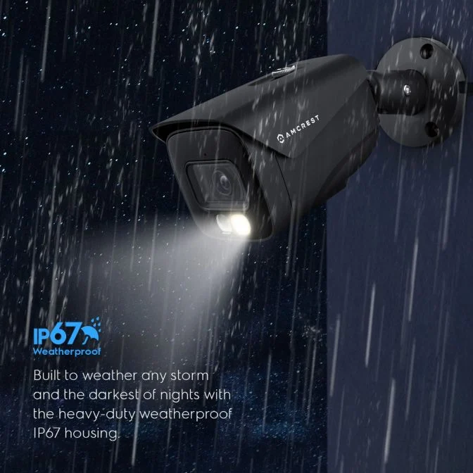 Surveillance camera capturing footage in heavy rain during nighttime.