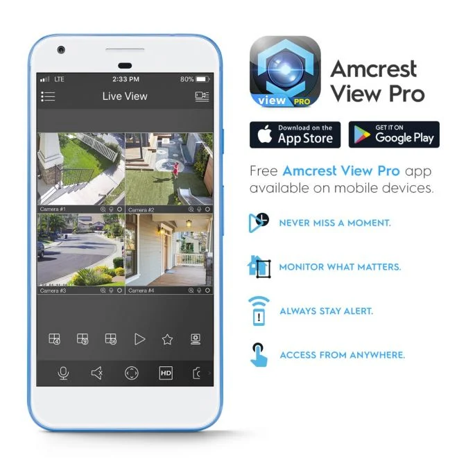 Mobile app interface showing Amcrest View Pro for remote surveillance.