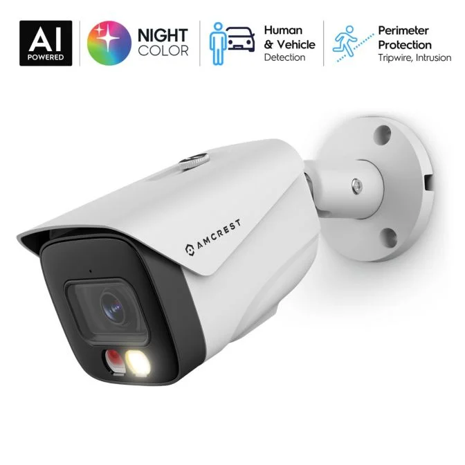 White AI-enabled security camera with night vision and human vehicle detection.