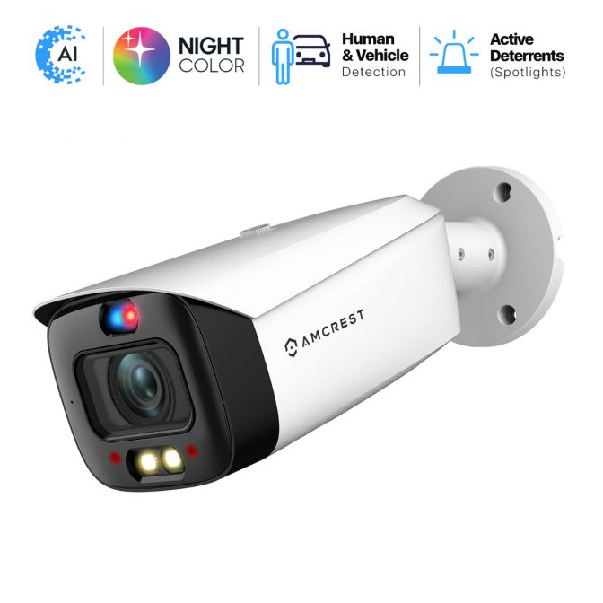 White AI security camera with night vision and color features.