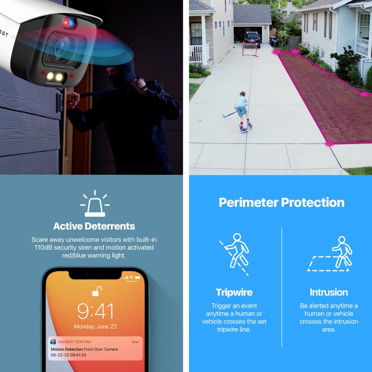 Smart home security with automatic umbrella detection and perimeter protection features.