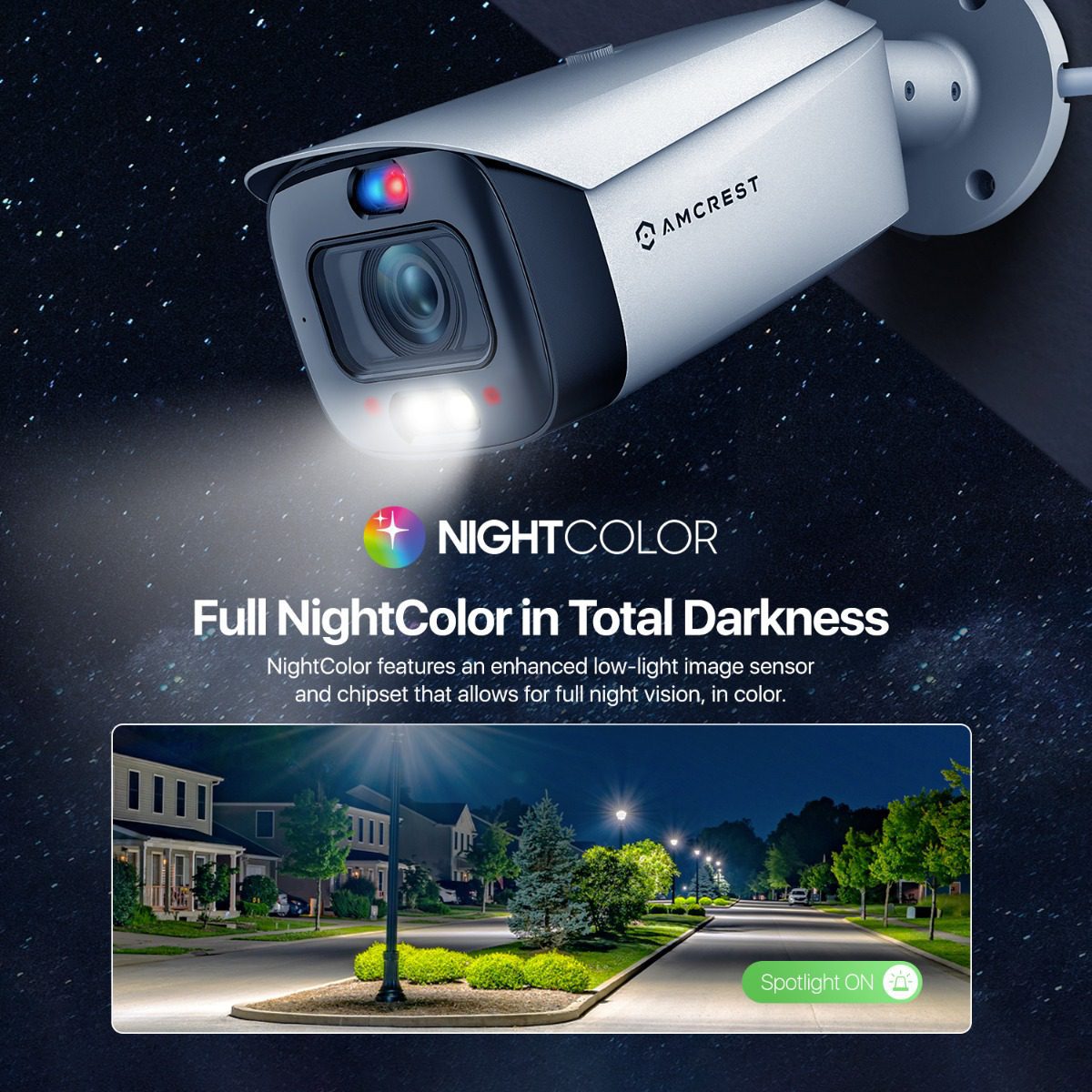 Security camera with full night color mode for clear images in darkness.