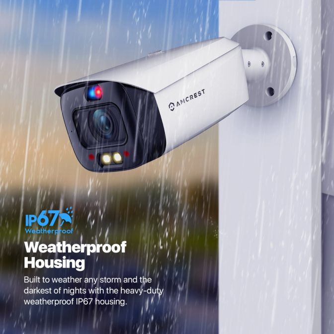 Weatherproof security camera capturing footage in heavy rain.