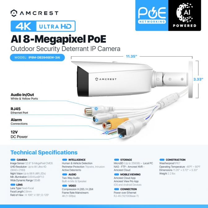 AI 8-Megapixel PoE Outdoor Security Camera with 4K Ultra HD resolution.