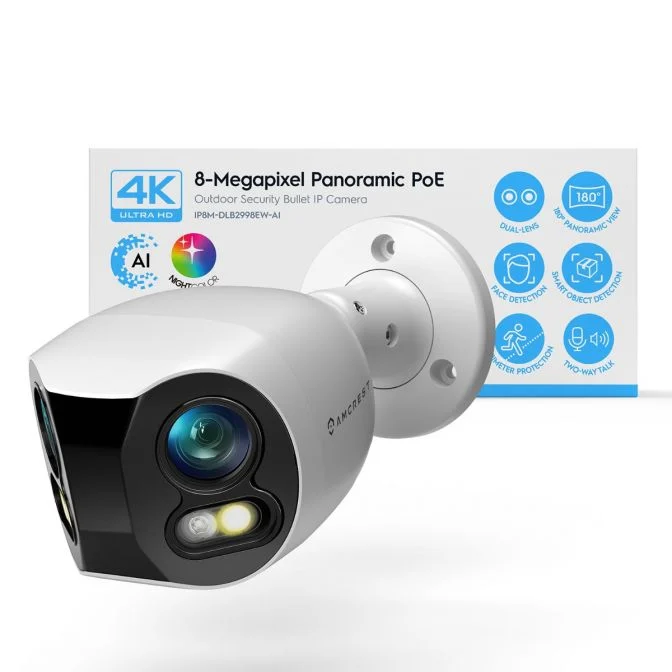 8-megapixel 4K panoramic PoE security camera with night vision.