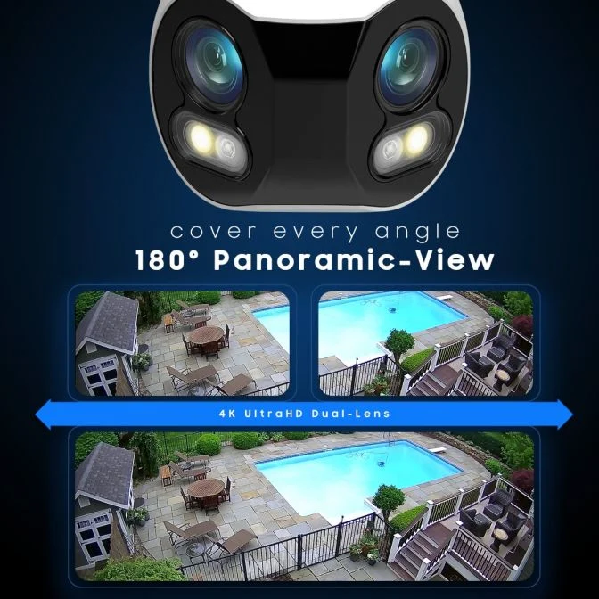 360-degree panoramic security camera capturing a pool area.