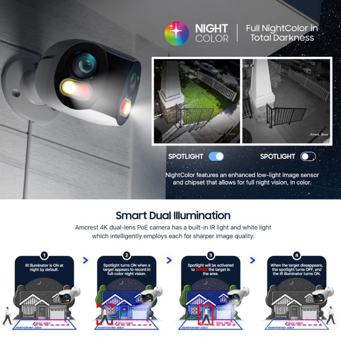 Smart outdoor security camera with color night vision and motion detection.