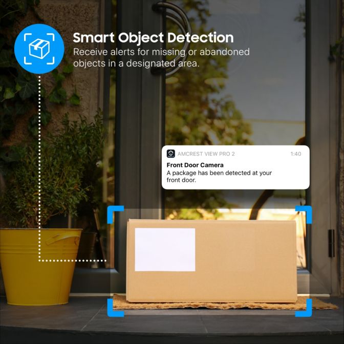 Smart object detection highlights a box for delivery with details shown.