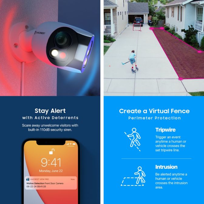Smart outdoor security light with motion detection and virtual fence features.