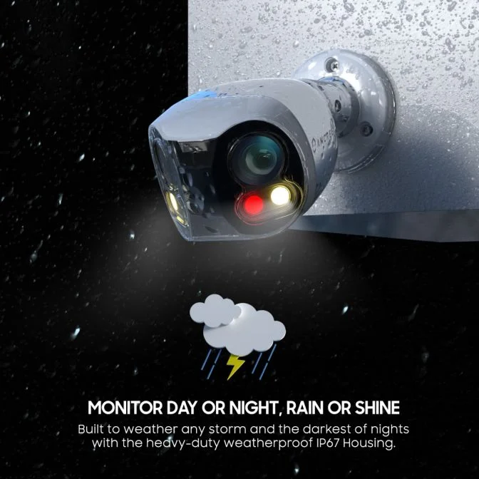 Security camera monitoring weather with rain and sun icons.