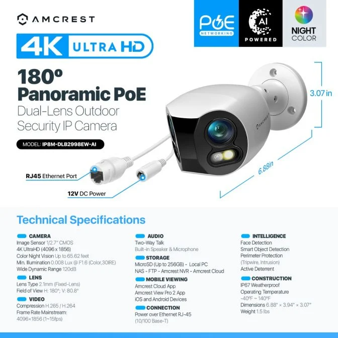 Amcrest 4K Ultra HD 180° panoramic PoE outdoor security camera.