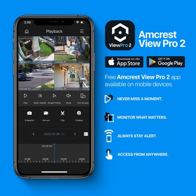 Amcrest View Pro 2 app interface displaying multiple security camera feeds on a smartphone.