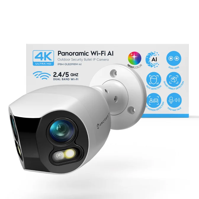 4K panoramic Wi-Fi AI security camera with night vision.