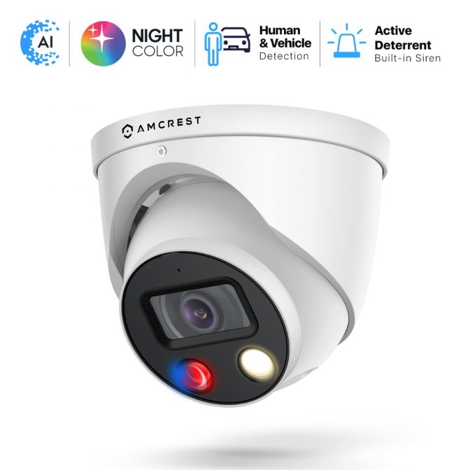 White security camera with AI, night color, and active deterrent features.