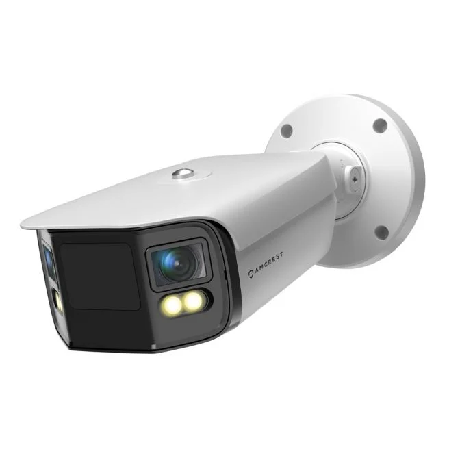 White outdoor security camera with LED lights and mounting base.