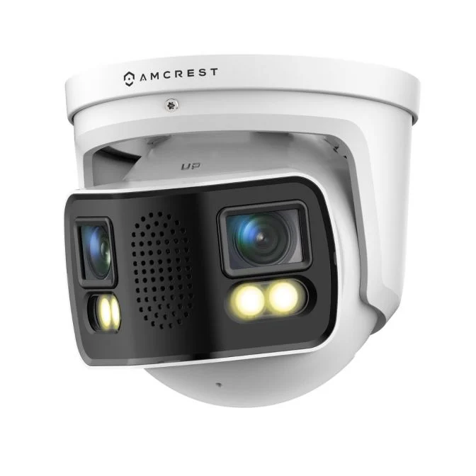 Modern security camera with dual lenses and LED lights.