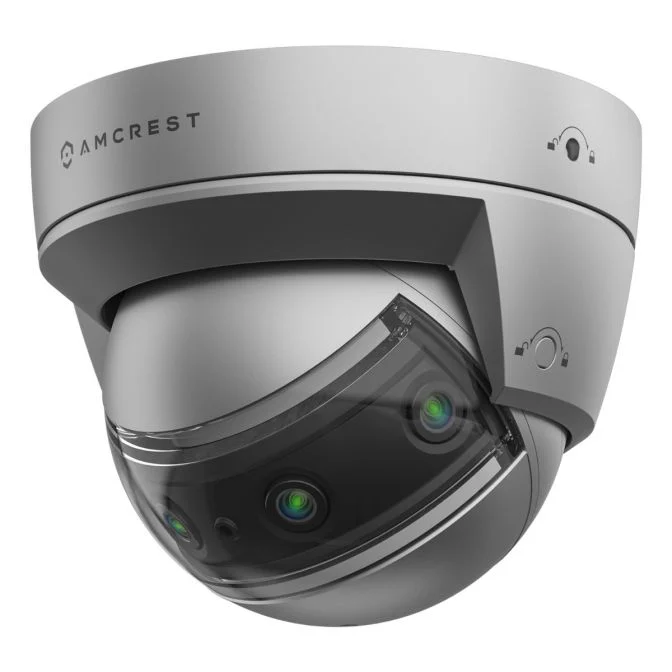 Modern dome security camera with dual lenses.