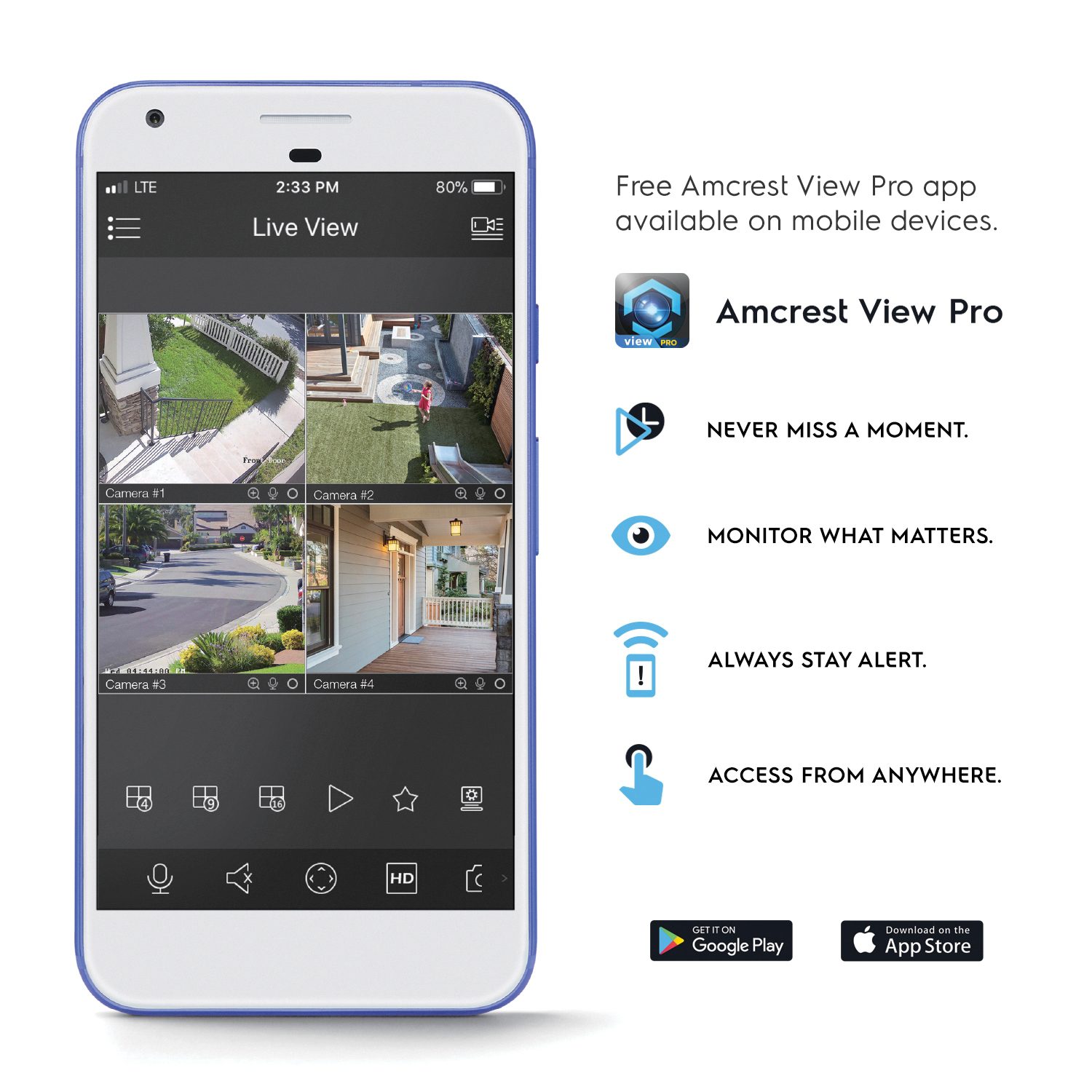Mobile app interface showing home surveillance camera feeds and controls.