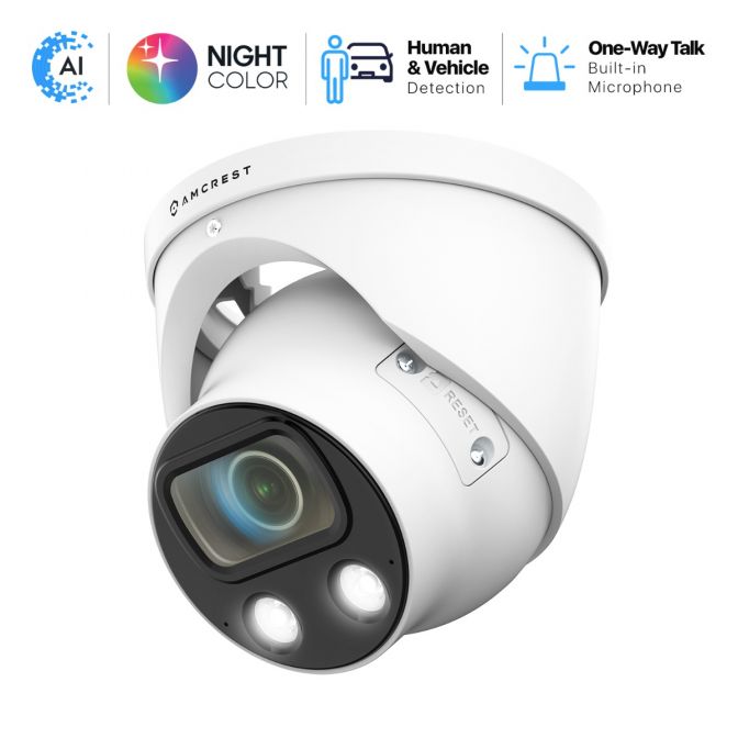 White security camera with night vision and AI features.